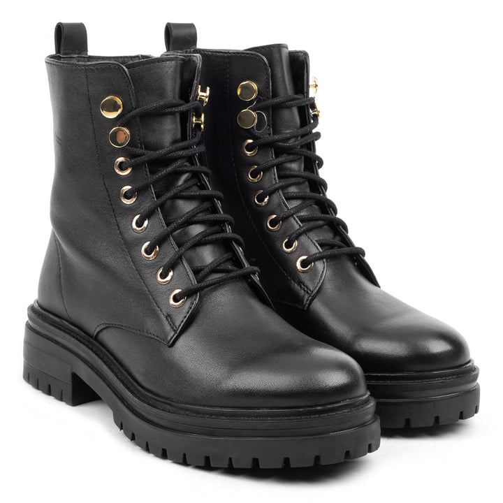 BIKER LACE UP BOOT fekete bőr csizma